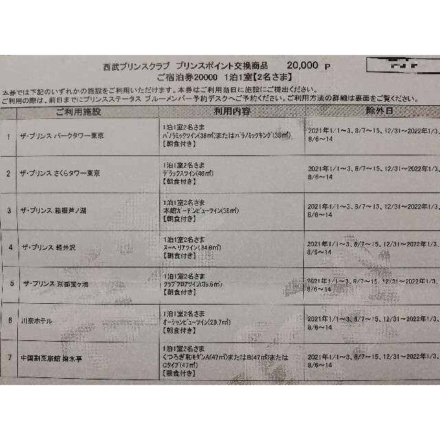 プリンスホテル 無料宿泊券 20000P 東京 箱根 軽井沢 京都など チケットの優待券/割引券(宿泊券)の商品写真