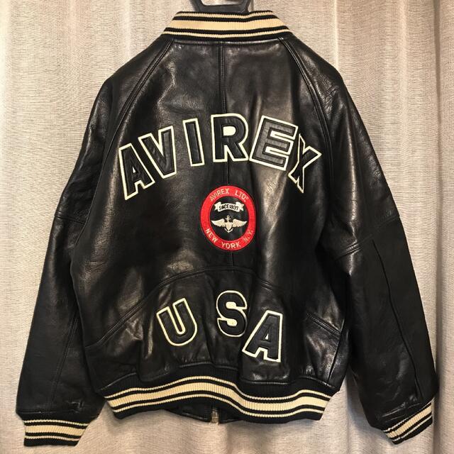 本革!AVIREX オールレザースタジャン ワッペン 刺繍 XL相当 | www