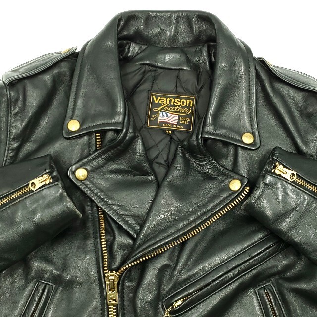 特大ロゴ◇old vanson◇アメリカ製C2レザーライダースジャケット黒黄36