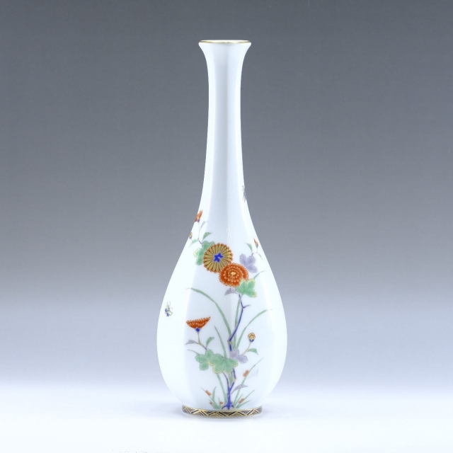 深川製磁 菊絵 鶴首9号花生 一輪挿し 花瓶 4960-154