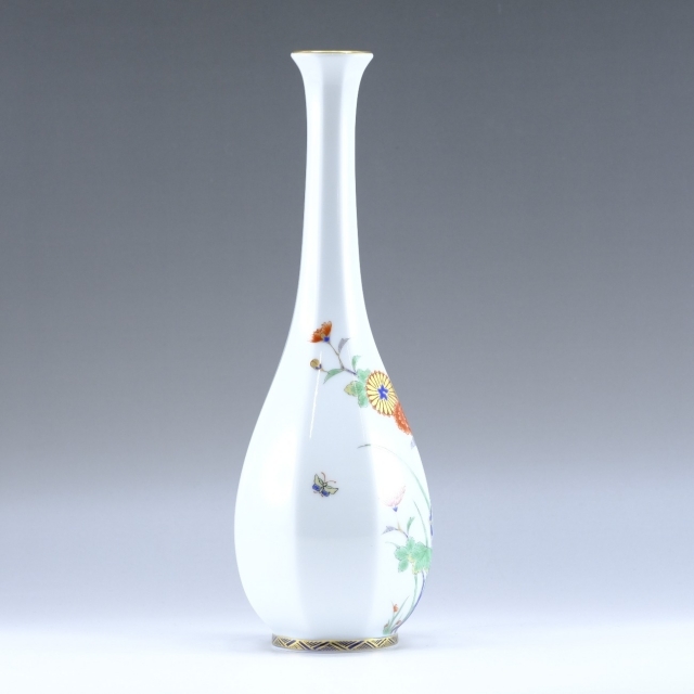 深川製磁 菊絵 鶴首9号花生 一輪挿し 花瓶 4960-154