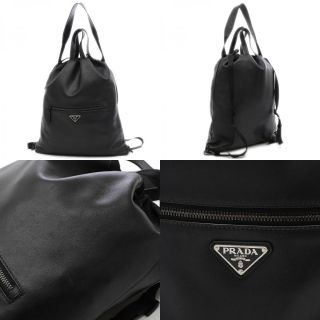 PRADA - プラダ バックパック ナップサック レザー/ナイロン ブラック