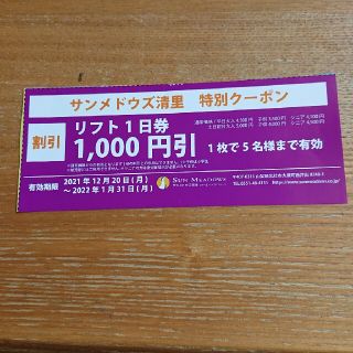 サンメドウズ清里スキー場 リフト１日券1000円引き(スキー場)