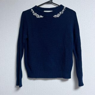 ロペ(ROPE’)のROPE 美品　ネイビー　ニット　ビジュー　パール　38(ニット/セーター)