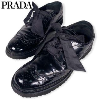 美品 PRADA エナメル ウイングチップ 厚底 ドレスシューズ