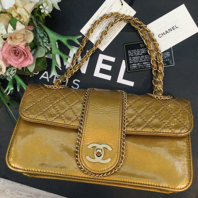 CHANEL  シャネル　2点　チェーンバッグ　リング　メタリックレザー25㎝×D