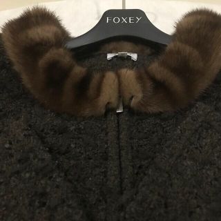 フォクシー(FOXEY)のFOXEY/ミンクファー付ツイードニットジャケット　40 美品(ノーカラージャケット)