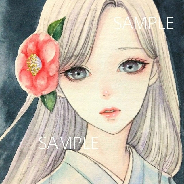 宅配 専用 手描きイラスト《山茶花》オリジナル 和装 女の子 絵画+