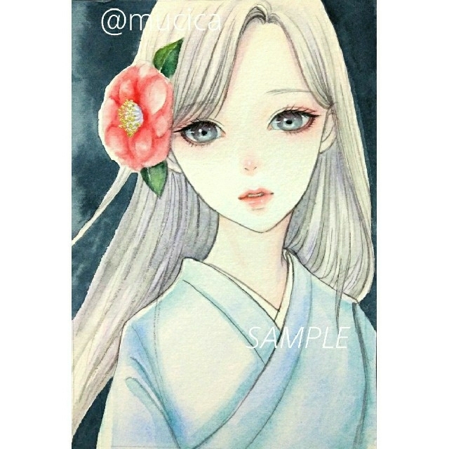 専用　手描きイラスト《山茶花》オリジナル　和装　女の子 エンタメ/ホビーの美術品/アンティーク(絵画/タペストリー)の商品写真