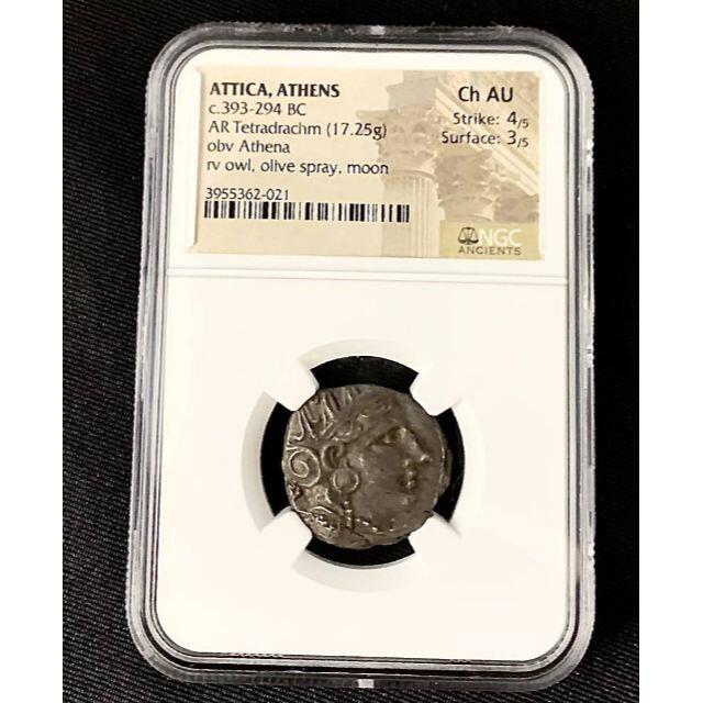 信頼】 393-294BC/ギリシャテトラドラクマ銀貨/NGC/CH AU/フクロウ