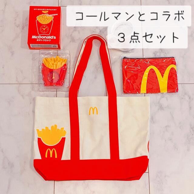 マクドナルド(マクドナルド)の3点　マクドナルド 福袋　2021 コールマン　ポテトクロック　トートバッグ エンタメ/ホビーのコレクション(ノベルティグッズ)の商品写真