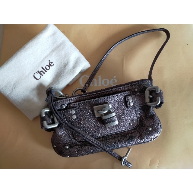 Chloe クロエ パディントン アクセサリーポーチ メタリック 濃茶系 本革製バッグ