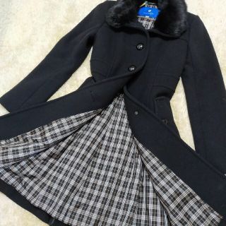 バーバリーブルーレーベル(BURBERRY BLUE LABEL)のブルーレーベル　クレストブリッジ　ブラック　ラビットファー　コート　チェック(ロングコート)