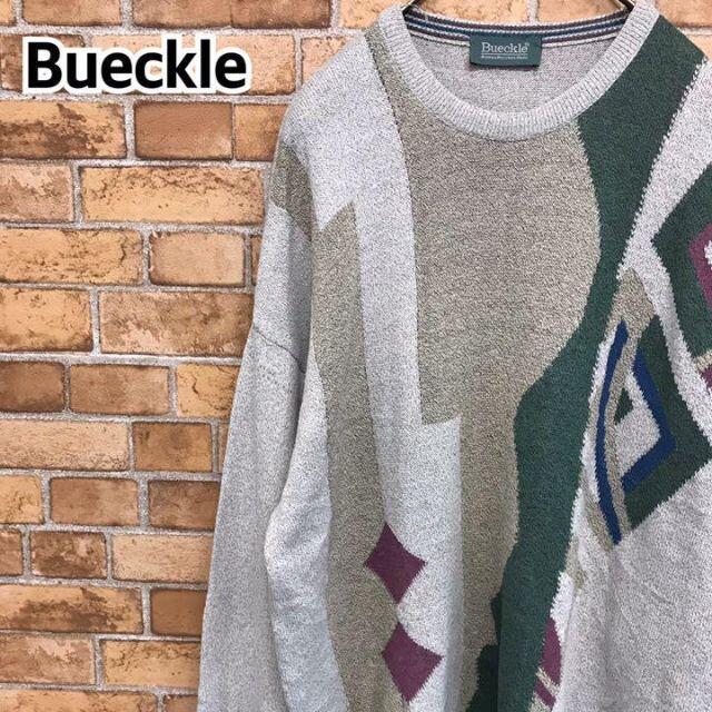 【Bueckle】柄ニット　デザインセーター　ビッグサイズ　袖ロゴ　男子