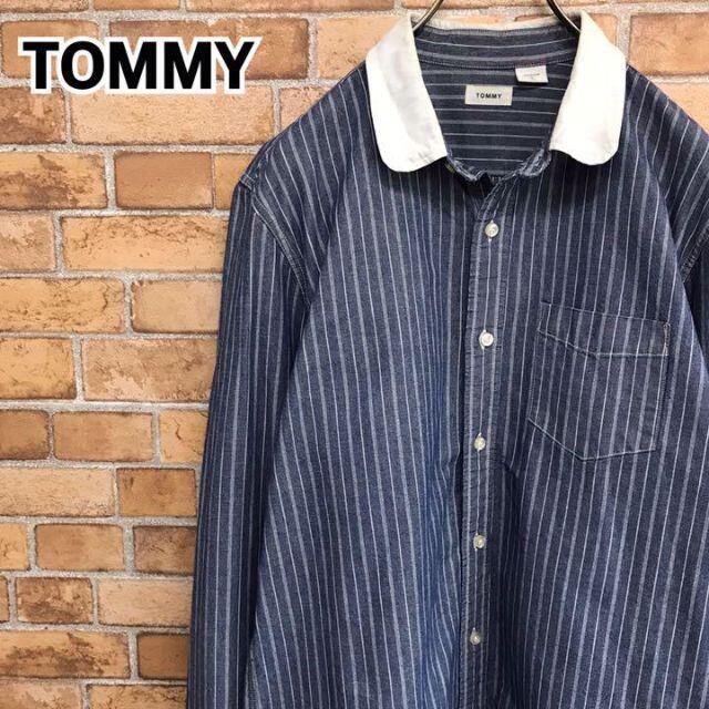 【トミー】長袖シャツ　丸襟　コットン　ストライプ　ブルー　男子　ビッグサイズ