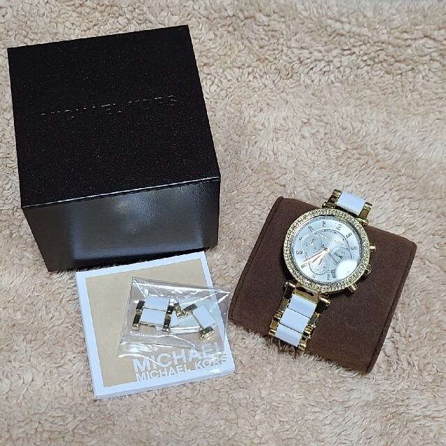 見事な Kors Michael - ゴールド ホワイト パーカー MK-6119 腕時計 マイケルコース 腕時計