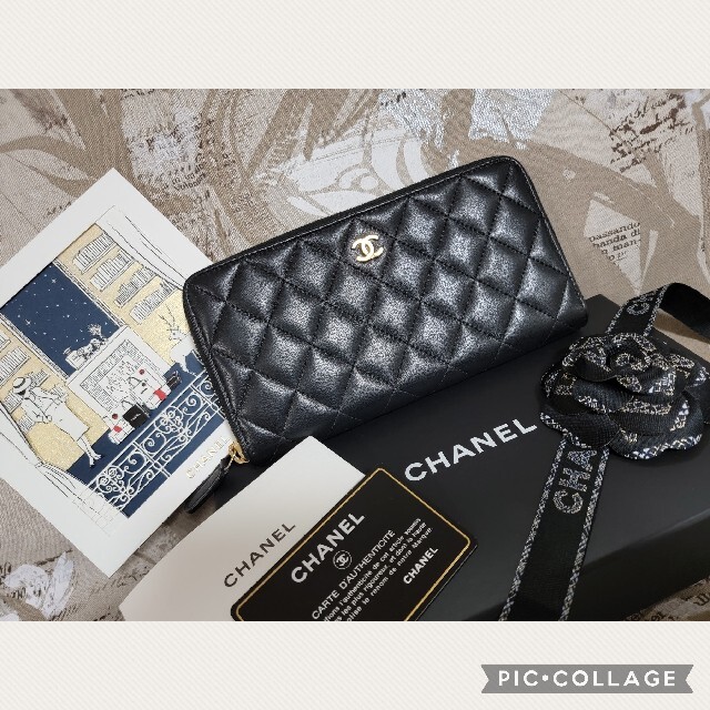 極美品 CHANEL マトラッセ ラウンドジップ 長財布 ブラック✕ゴールド ...