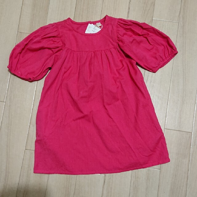 新品子供服／キッズ女の子100cm リネンワンピース ピンク キッズ/ベビー/マタニティのキッズ服女の子用(90cm~)(ワンピース)の商品写真