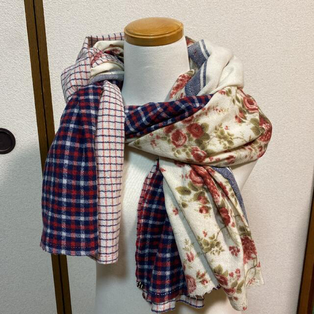 pero 大判ストール 薔薇 ボーダー チェック 未使用