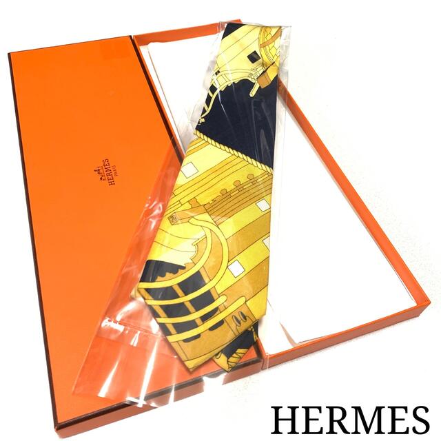 HERMES エルメス スカーフ柄 ネクタイ(ブラック、ゴールド)