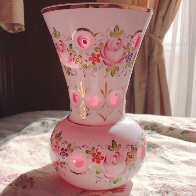 フランスアンティーク 色被せグラス ボヘミアグラス 花器 花瓶 美品