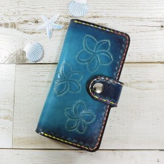 ☆ホヌ☆プルメリア☆本革スマホケース☆ハンドメイド☆オーシャンブルー(スマホケース)