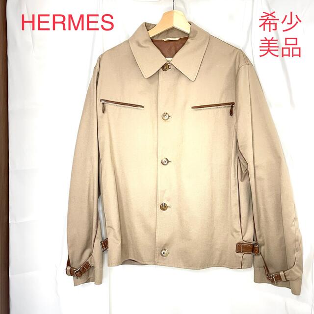 H - 希少 美品 HERMES エルメス ブルゾン レザー コットン ベージュ XL