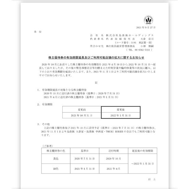 レストラン/食事券鳥貴族 株主優待 お食事券11000円分