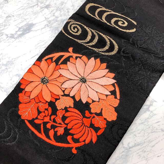 大特価 高級 帯 名古屋帯 牡丹 菊 花 呉服店 黒系 №1の通販 by