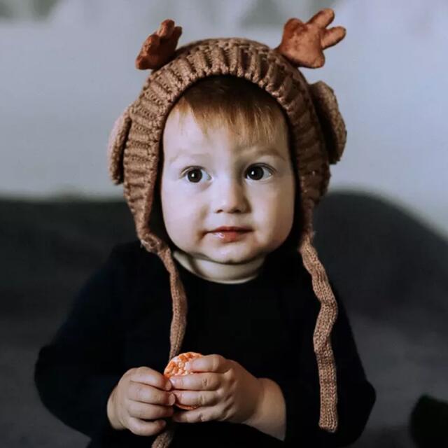 ベビートナカイニット帽 ベビークリスマスコスプレ ベビー帽子 キッズ/ベビー/マタニティのこども用ファッション小物(帽子)の商品写真