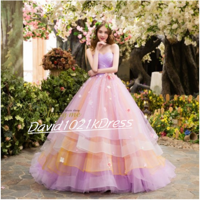 ウェディングドレスカラードレス   レインボースカート  パープル/紫  ベアトップ  花びら付き