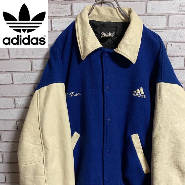 【総柄ナイロンジャケット】adidas トレフォイル　ゆるだぼ　90s 青　M