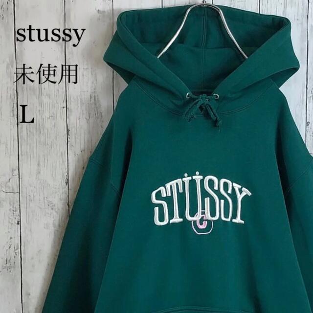 stussyステューシー○商品【未使用】【アースカラー】ステューシー 刺繍ロゴ ビッグロゴ パーカー L 緑