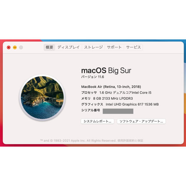 【美品】MacBook Air 13インチ 128/8GB MRE82J/A 5