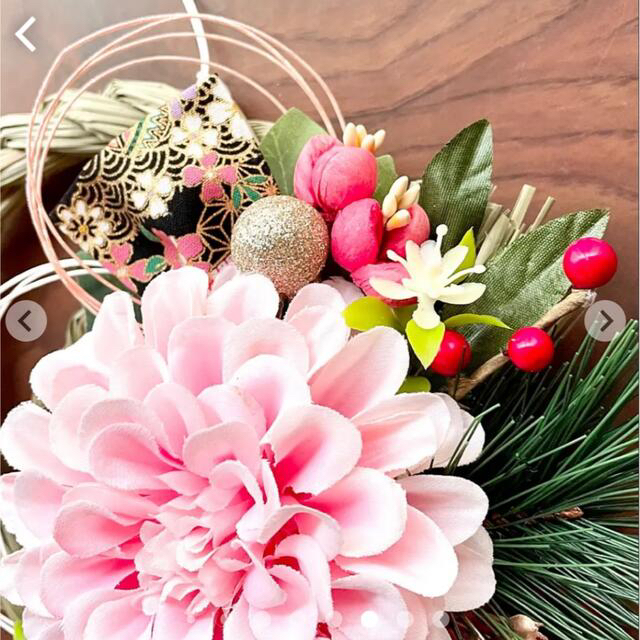 ピンクダリア×マムのお正月飾り♡しめ飾り♡玄関飾り ハンドメイドのフラワー/ガーデン(リース)の商品写真