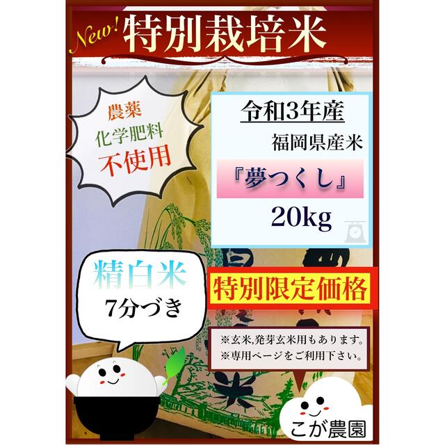 特別栽培米　福岡県産米『夢つくし』　20kg 【精白米専用】令和3年産　新米化学肥料不使用