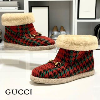 グッチ(Gucci)の3566 グッチ ホースビット 千鳥格子柄 ムートンブーツ レッド系(ブーツ)