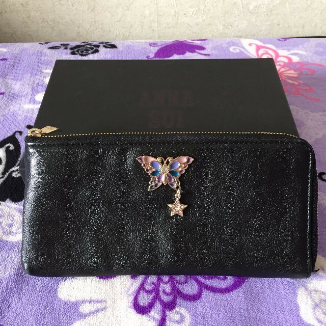 美品✨ ANNA SUI 折り財布 黒 パピヨン L字ファスナー スタッズ 最安