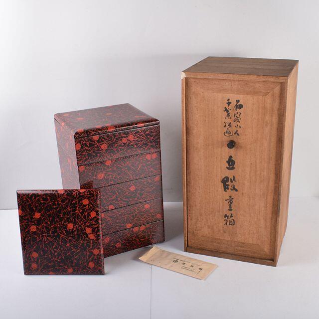 漆塗　石容道人　千葉松画　五段重箱　共箱  M　R4119C
