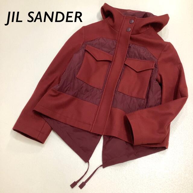 【美品】JIL SANDER NAVY イタリア製 フード コート バーガンディ レディースのジャケット/アウター(ブルゾン)の商品写真