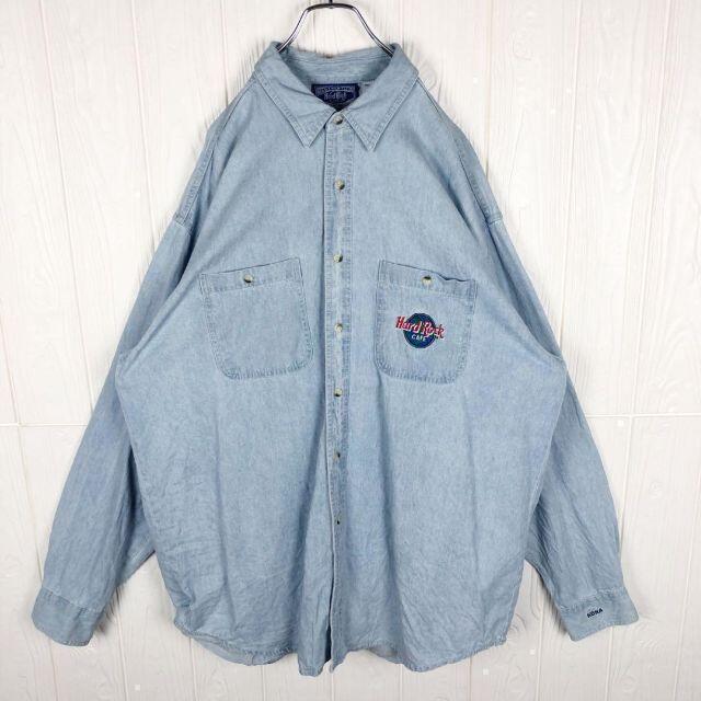 carhartt(カーハート)のハードロックカフェ 超ゆるだぼ デニムシャツ刺繍ワンポイント バックロゴ90s メンズのトップス(シャツ)の商品写真