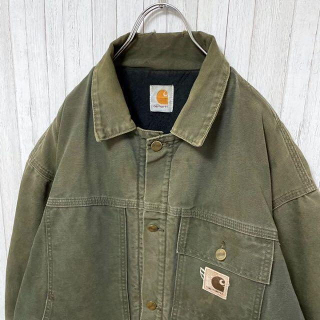 carhartt(カーハート)のカーハート　ダックジャケット　ビッグサイズ　グリーン　革ロゴ　カバーオール メンズのジャケット/アウター(ブルゾン)の商品写真