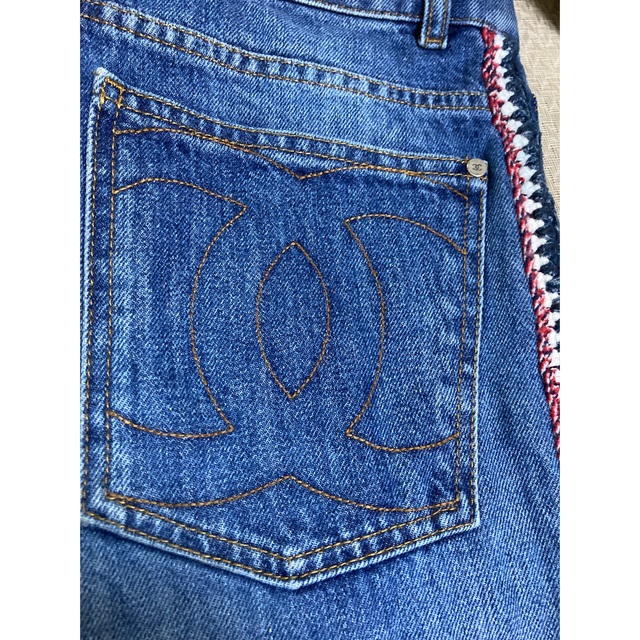 CHANELシャネル18AWサイドツイードラインデニムパンツ ダメージ加工