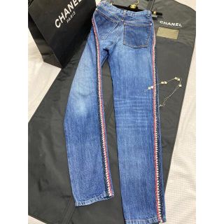 CHANELシャネル18AWサイドツイードラインデニムパンツ　ダメージ加工