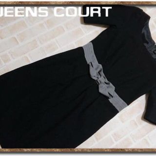 クイーンズコート(QUEENS COURT)のクイーンズコート　リボン付きウールワンピース　黒(ひざ丈ワンピース)