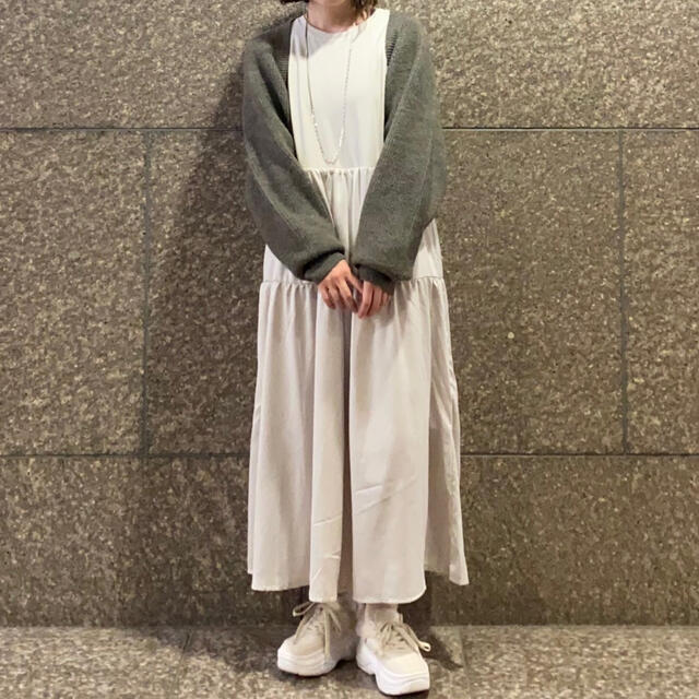 GU リブティアードコンビネーションワンピース 長袖 ナチュラル XXL