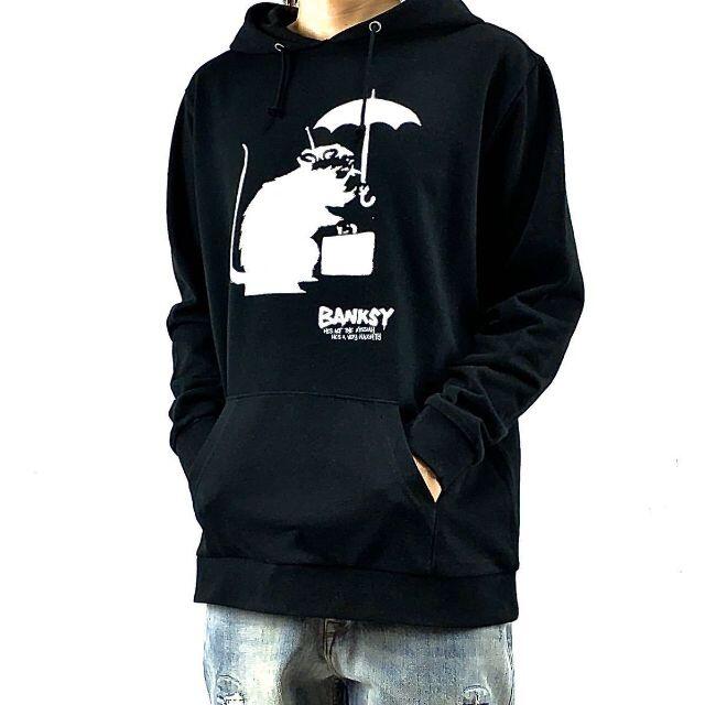 【BANKSY】新品 プリント ブラック フーディー ストリート スケーター