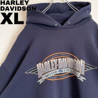 ハーレーダビッドソン(Harley Davidson)のハーレーダビッドソン 両面ロゴプリントパーカースウェットひび割れ XL ネイビー(パーカー)