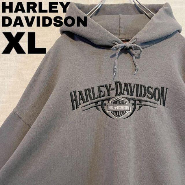 Harley Davidson(ハーレーダビッドソン)のハーレーダビッドソン ビッグ刺繍ロゴパーカースウェット グレー黒 XL 古着 メンズのトップス(パーカー)の商品写真