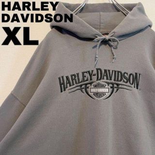 ハーレーダビッドソン(Harley Davidson)のハーレーダビッドソン ビッグ刺繍ロゴパーカースウェット グレー黒 XL 古着(パーカー)